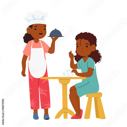 Cute charming girls preschool children cartoon characters playing role game in restaurant scene