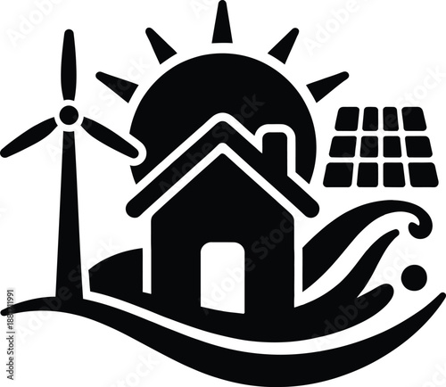 Sustainable energy house concept featuring wind turbine solar panels and sun symbol representing eco friendly lifestyle and green power generation.