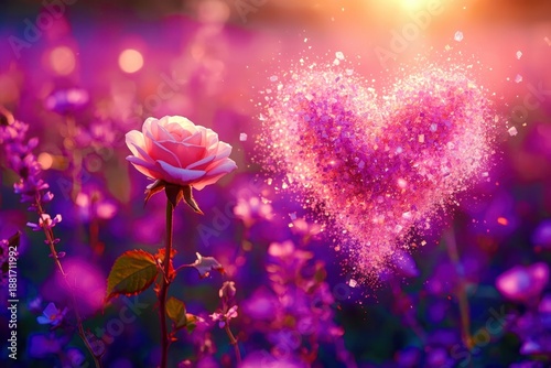 A rose is in the foreground of a field of purple flowers