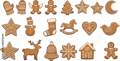 Vector illustration set featuring diverse Christmas gingerbread cookies including reindeer snowman rocking horse cottage house and festive holiday stars