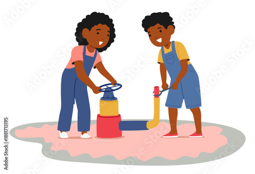 Little children cartoon character playing role game imagining being industrial pipeline installers