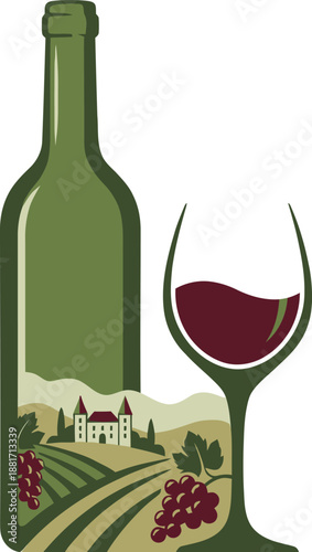 Stylized Vector Illustration of Wine Bottle and Glass with Vineyard Landscape and Chateau inside Silhouette. French Winery Concept