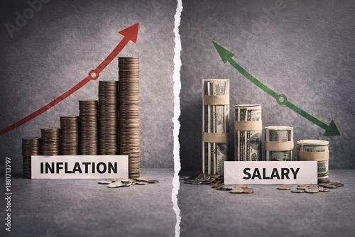 Inflation vs Salary concept with rising coin stacks and falling cash bundles, economic gap and purchasing power loss, generative AI