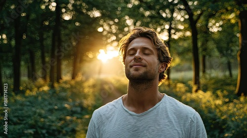 Young man breathes calmly amid greenery concept. A man enjoying tranquility in a sunlit forest during sunset.