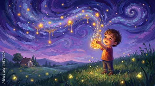 Painterly Illustration of a Boy Catching Falling Stars in a Glass Jar at Night