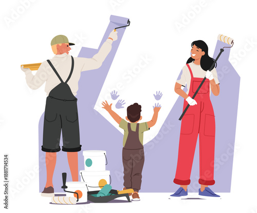 Cheerful parents and son painting walls happily engaged home renovation together cartoon scene