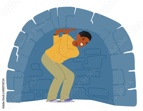 Terrified teenage boy child cartoon character trapped in narrow cave suffering from panic attack
