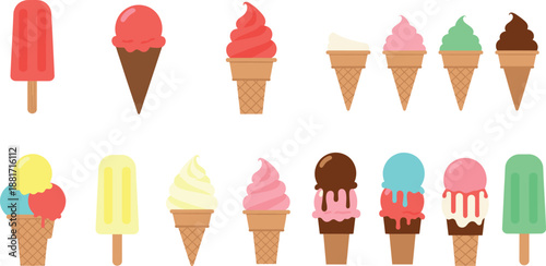 Vector illustration set featuring diverse flat design ice cream cones soft serve swirls and colorful popsicles for summer menus