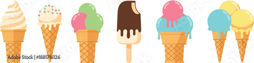 Vector illustration set featuring diverse ice cream cones soft serve swirls and a chocolate-covered popsicle for dessert menus