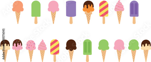 Vector illustration set featuring diverse ice cream cones soft serve swirls and colorful popsicles for summer dessert treats