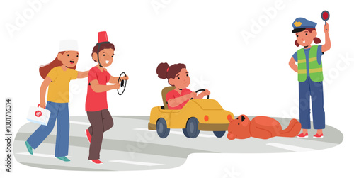 Preschool children playing role game with city road traffic accident scenario vector illustration