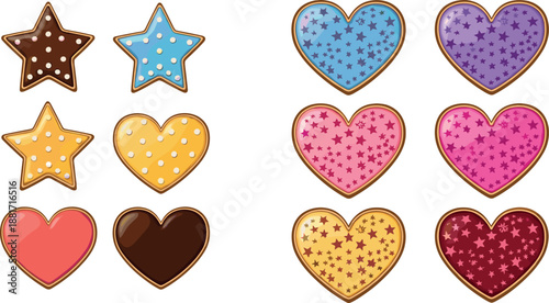 Vector illustration set featuring colorful star and heart shaped cookies with decorative glaze patterns for bakery and holiday designs