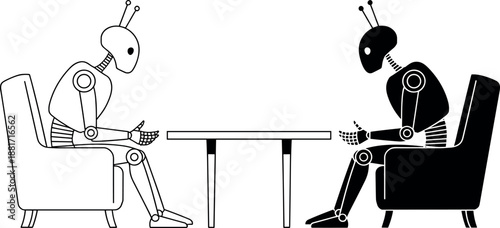 Robots interacting with each other in a minimalist setting illustration artwork