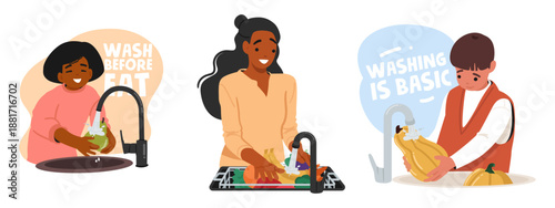 Diverse people cartoon characters washing vegetables and fruits in kitchen isolated set on white