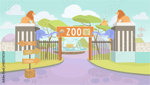 Vector cartoon hand drawn Zoo illustration with cute wildlife animals. 