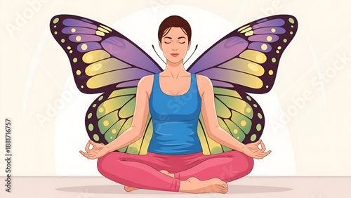Serene Woman Meditating in Lotus Position – Yoga Illustration with Colorful Flower
