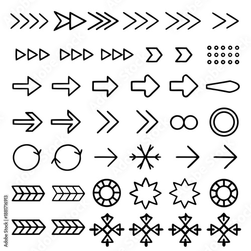 An assortment of various symbols and arrows arranged in a grid. The symbols include different types of arrows, geometric shapes, and patterns.