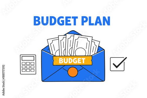Budget plan concept with money in envelope and calculator icon