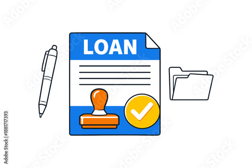 Loan approval concept with stamp, pen, and folder illustrations