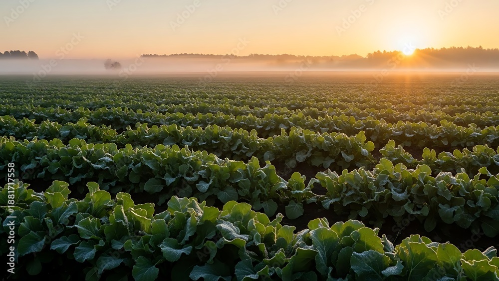 Fototapeta premium Vast Agricultural Field at Sunrise with Morning Mist and Vibrant Green Crops.