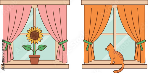 Vector illustration set featuring cozy windows with pink and orange curtains a potted sunflower and a sitting cat