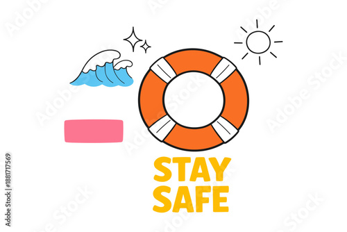 Stay safe: lifebuoy with waves, sun, and decorative elements
