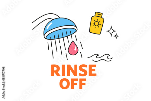 Cartoon shower scene with shampoo bottle and rinse off text