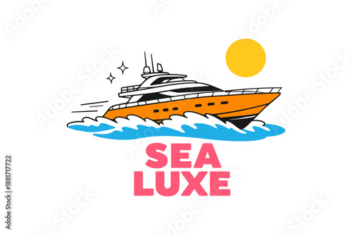 Luxury yacht sailing in bright sunshine with waves and sparkles