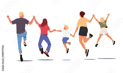 Back view of cheerful family jumping holding hands together in air feeling pure joy and happiness