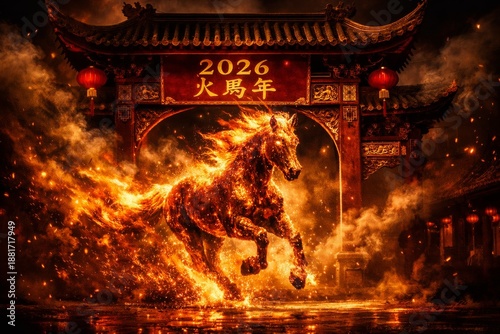 2026 Chinese New Year of the Fire Horse celebration card with burning stallion and traditional gate.