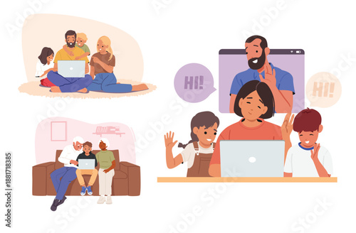 Set of isolated vector illustration showing happy family with children gathered around laptop