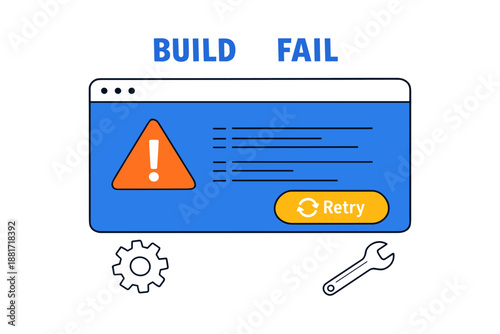 Software build failure notification with retry option and tools icon