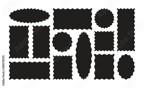 wavy rectangular frames scallop set black. Postage stamp borders. Silhouette stickers circle, square, oval and rectangle labels. 