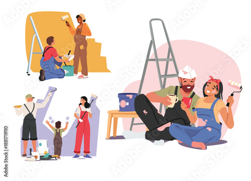 Happy family cartoon characters doing home renovation together feeling joy from teamwork set