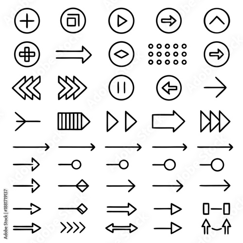 An array of various symbols and arrows commonly used in user interfaces and diagrams. The symbols include plus signs, squares, triangles, arrows, and other shapes.