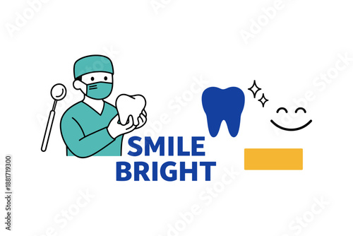 Male dentist holding tooth with tools and smiling tooth icon