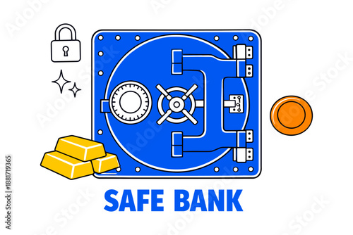 Blue bank vault door with gold bars and lock symbols