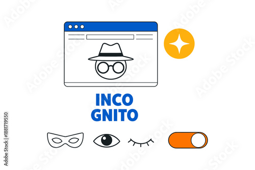 Incognito mode conceptual illustration with hat and glasses icon