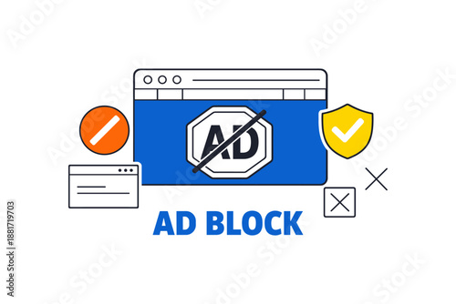 Ad block illustration with browser icons and no ads symbol