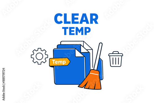 Clear temp files illustration with broom, folder, gear, and trash icons