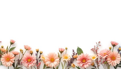 Mother’s Day Floral Bottom Border with Pastel Pink and Peach Flowers on White Background, Copy Space
