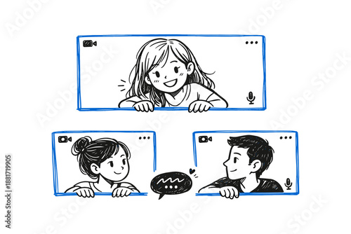Illustrated virtual meeting with smiling young characters in video chat