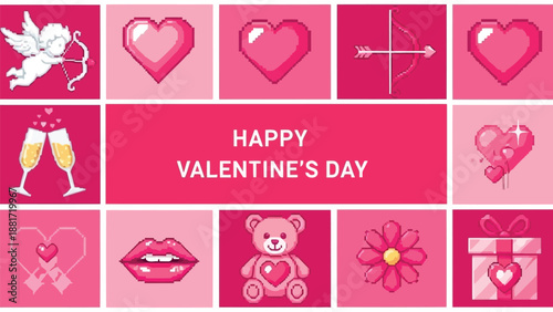 Pixelated valentine s day elements including hearts cupid champagne lips gifts and flowers in pink shades