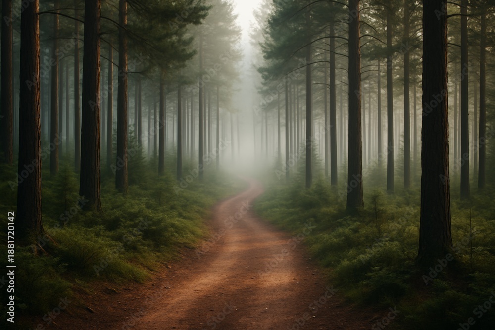 Obraz premium Serene misty forest path winding through tall pine trees with soft morning light filtering through atmospheric background haze. Ai generative