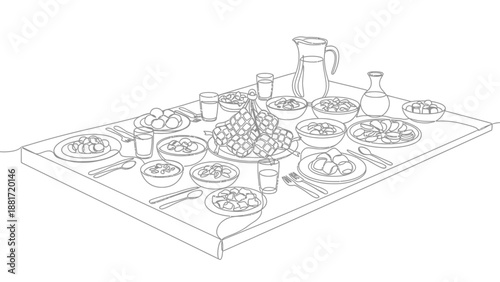 abundant food table with dishes and drinks