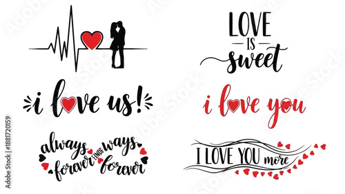 Collection of romantic love phrases and heart designs on white background high quality professional detailed modern