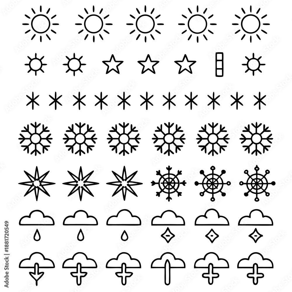 Fototapeta premium A collection of various weather and celestial symbols including suns, stars, snowflakes, clouds, rain, and other meteorological icons.