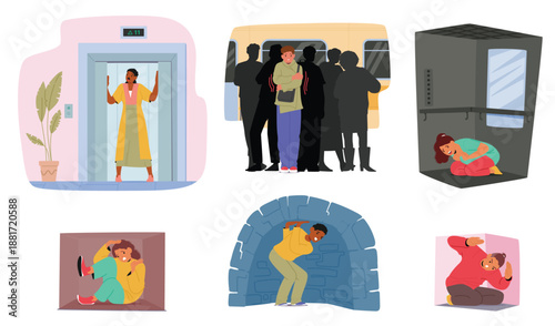Diverse people cartoon characters with claustrophobia in closed space suffering from panic attack