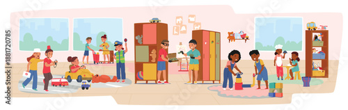 Several preschool children playing role game together in brightly colored kindergarten room scene