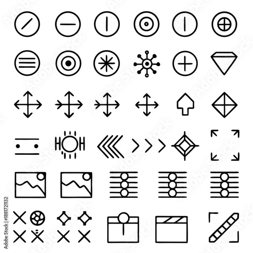 This image contains a collection of various symbols and icons, including geometric shapes, arrows, lines, and other miscellaneous symbols.